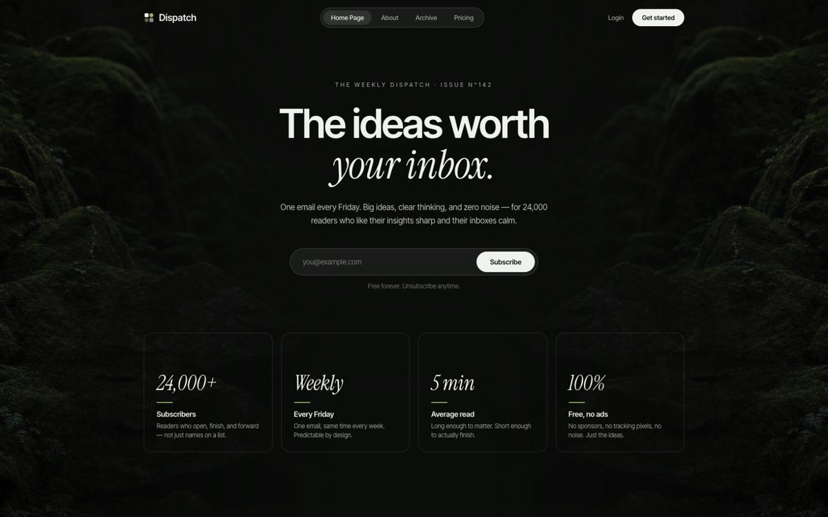 Dark Botanical Glass newsletter hero built with Kimi 3 — dark moody moss forest photography flanking glass fern leaves, a serif and sans-serif headline on near-black, a frosted glass email signup pill, and an email address with a green subscribe button