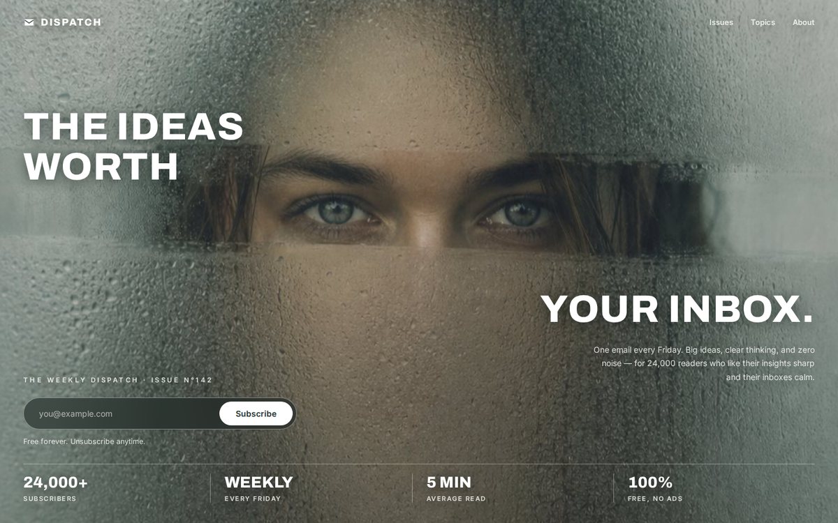Fogged Glass newsletter hero — condensation-covered glass portrait with a wiped-clear band revealing a woman's eyes, a split bold headline across the fog, and a hairline stats dock
