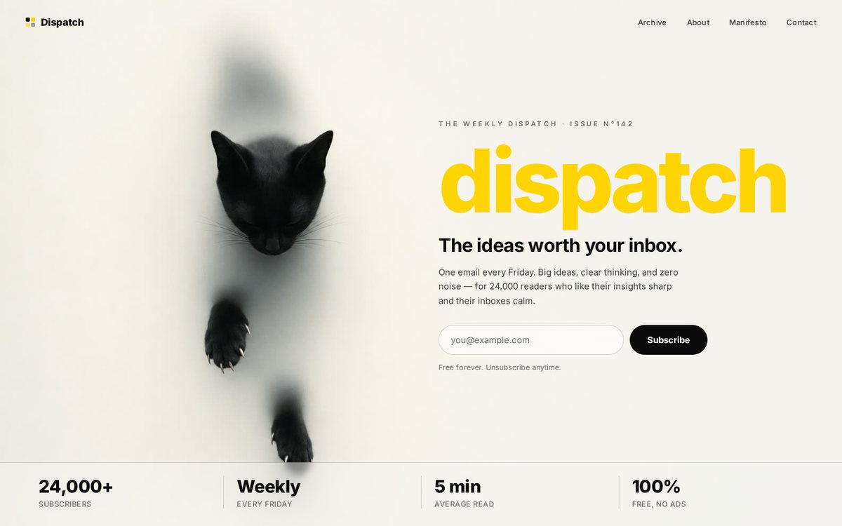 Frosted Cat newsletter hero — a black cat emerging through a frosted off-white surface, giant lowercase yellow dispatch wordmark, email signup form and four-stat strip