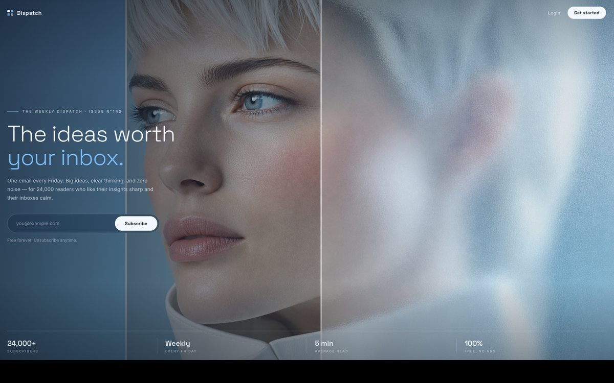 Futurist Glass newsletter hero built with Kimi 3 — full-bleed triptych portrait of a woman with a platinum crop (solid cerulean panel, sharp macro face, frosted-glass blur), geometric Space Grotesk typography, icy blue accent, and a hairline stats strip