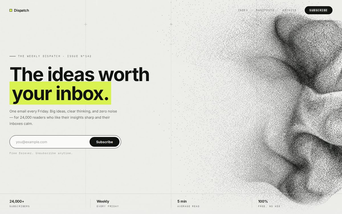 Generative Studio newsletter hero — a full-bleed monochrome particle dispersion form on the right, quiet technical grid with crosshair marks, a bold grotesk headline with a lime highlight, and a hairline stats rail