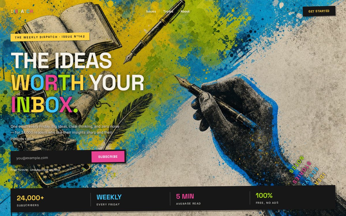 Graffiti Editorial newsletter hero — CMYK spray-paint splatter with vintage print illustrations of a book, fountain pen, quill, and typewriter, a per-letter multicolor headline, a yellow tape kicker strip, and a charcoal stats bar