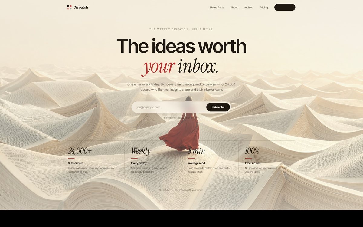 Paper Terrain newsletter hero — surreal landscape of giant open-book pages forming rolling ivory dunes, a woman in a flowing red dress walking a book spine, warm cream typography, frosted email signup pill, and a four-stat strip