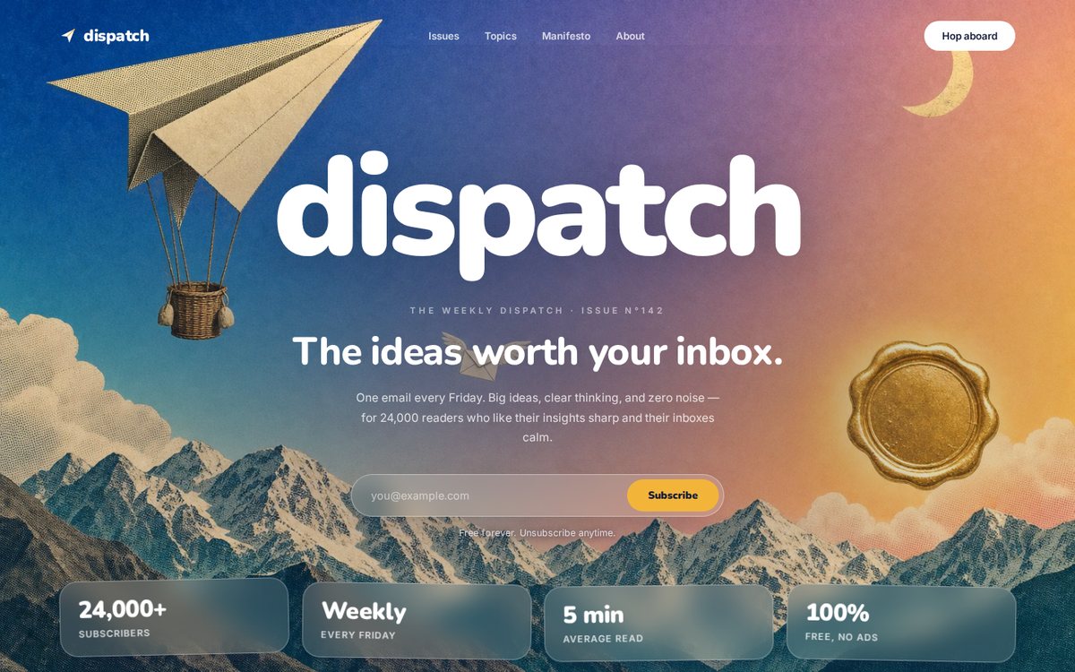 Surreal Collage newsletter hero section: cobalt-to-peach gradient sky with halftone mountains, a paper-plane hot air balloon, a golden wax-seal sun, giant lowercase dispatch wordmark, and a gold subscribe button