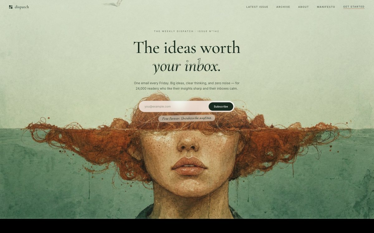 Waterline Editorial newsletter hero built with Kimi 3 — fine-art watercolor of a woman with copper hair half-submerged in deep green water under a pale sage sky, waterline-split italic headline, hand-lettered stat notes