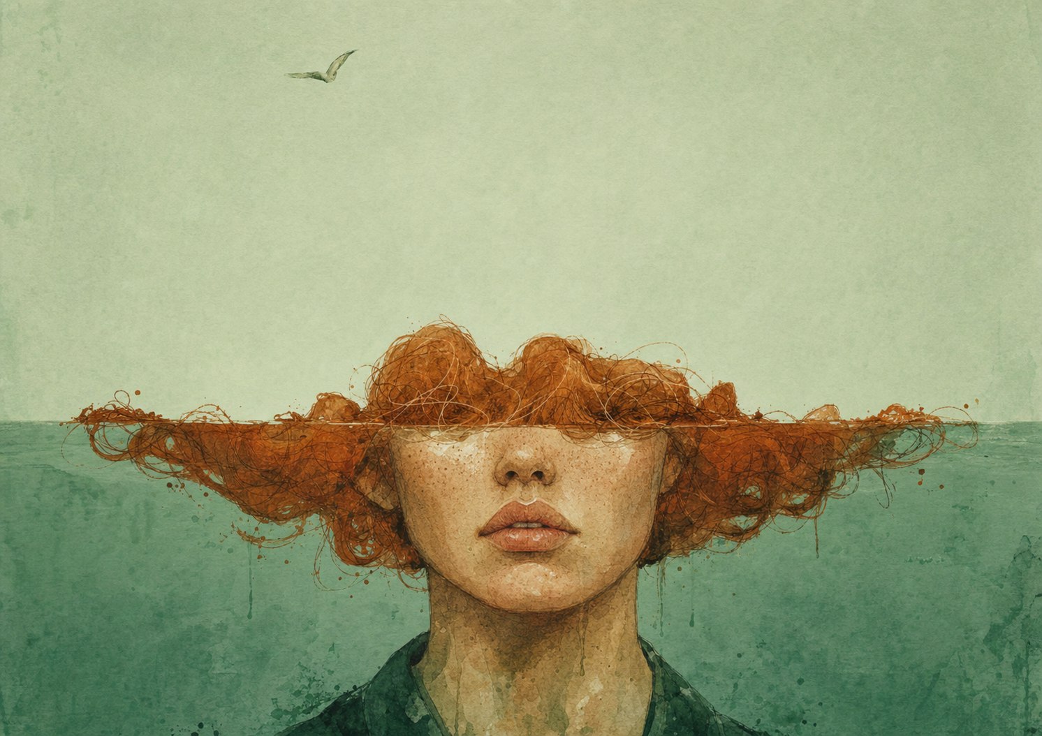 Fine-art watercolor illustration of a woman with copper hair half-submerged in deep green water under a vast pale sage sky, built with Kimi 3.